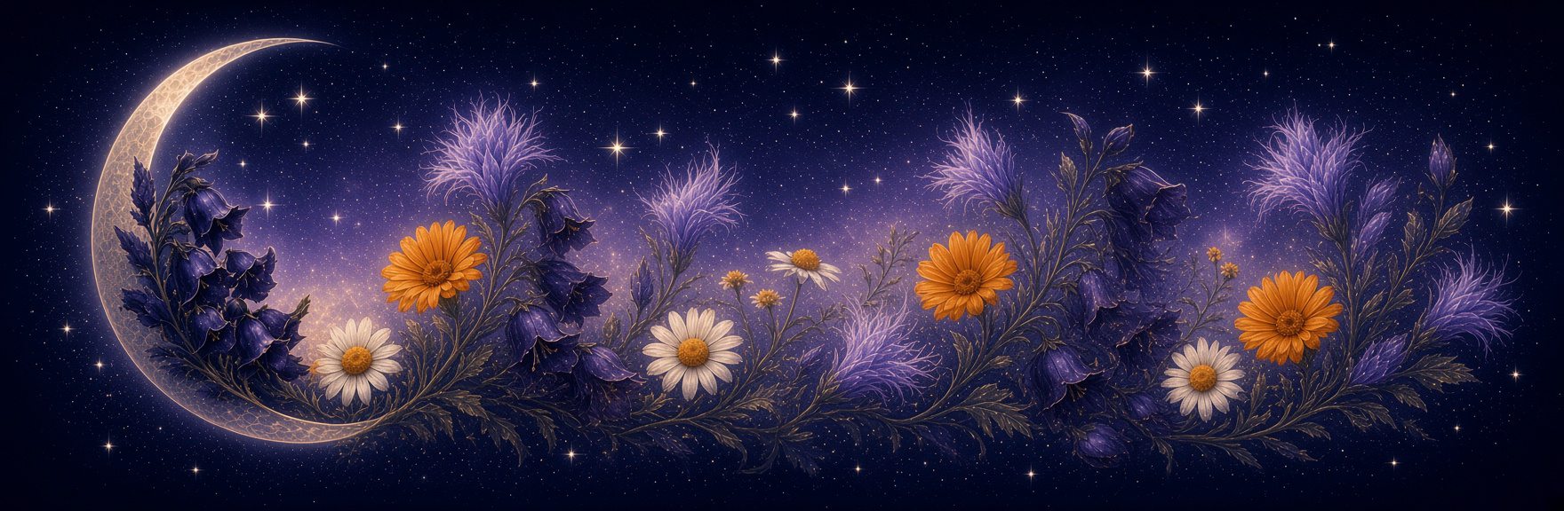 Celestial night banner with a glowing crescent moon and a flowing trail of purple, orange, and white flowers across a starry sky