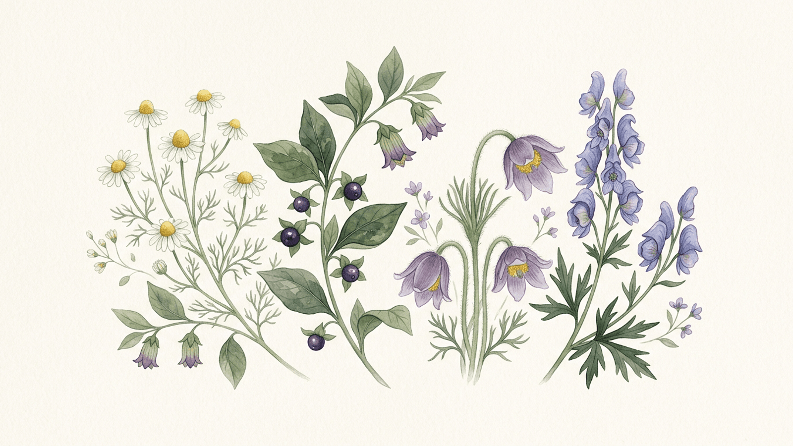 Soft watercolor illustration of homeopathic herbs and flowers in sage green, lavender, and pale blue
